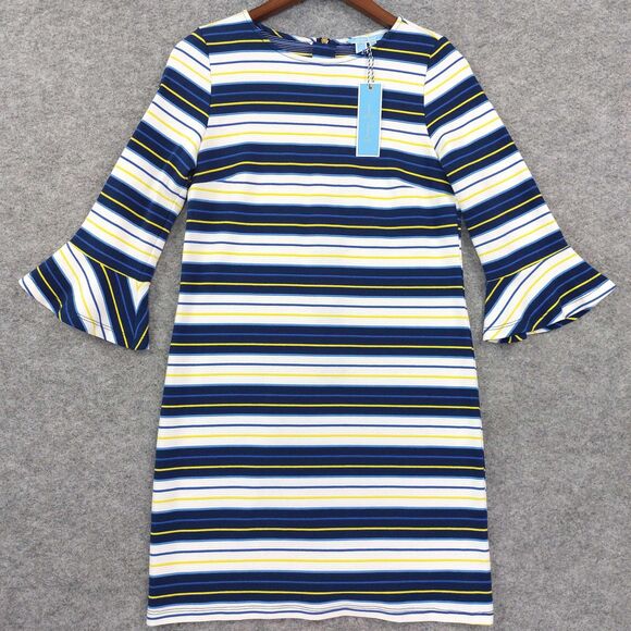 Draper James Dress Sz XS Bell Sleeve Stripe Zipper Casual Fit Flare Mini Career - Picture 14 of 15